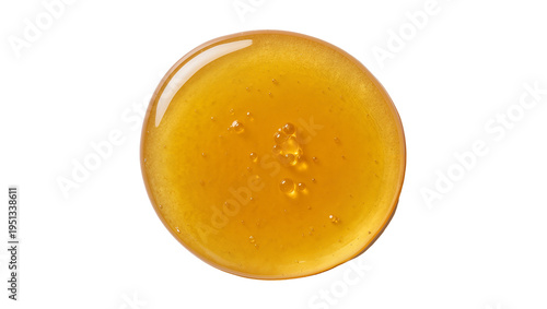 Isolated glistening golden viscous liquid drop, shiny reflection, and tiny air bubbles
