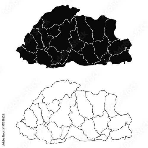 Bhutan map outline with internal divisions in black and white