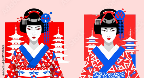 Japanese Geisha Woman Vector Illustration Set with Traditional Kimono, Hairpin, and Pagoda Background in Red, Blue, and White Colors