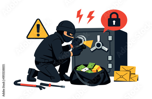 Robber opening a secure strongbox, stealing cash and valuables, representing illegal activity, data breach, and security risk