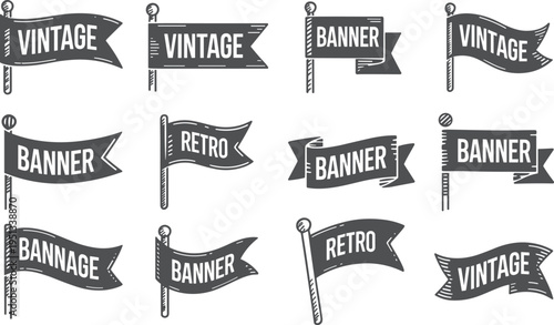 Vintage retro banners set with ribbons and flags for celebration and party decoration black and white