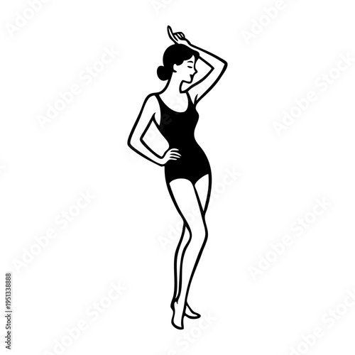 Logotipo con dibujo con líneas de una mujer con bikini de estilo retro, posando de pie con una mano en la cabeza 