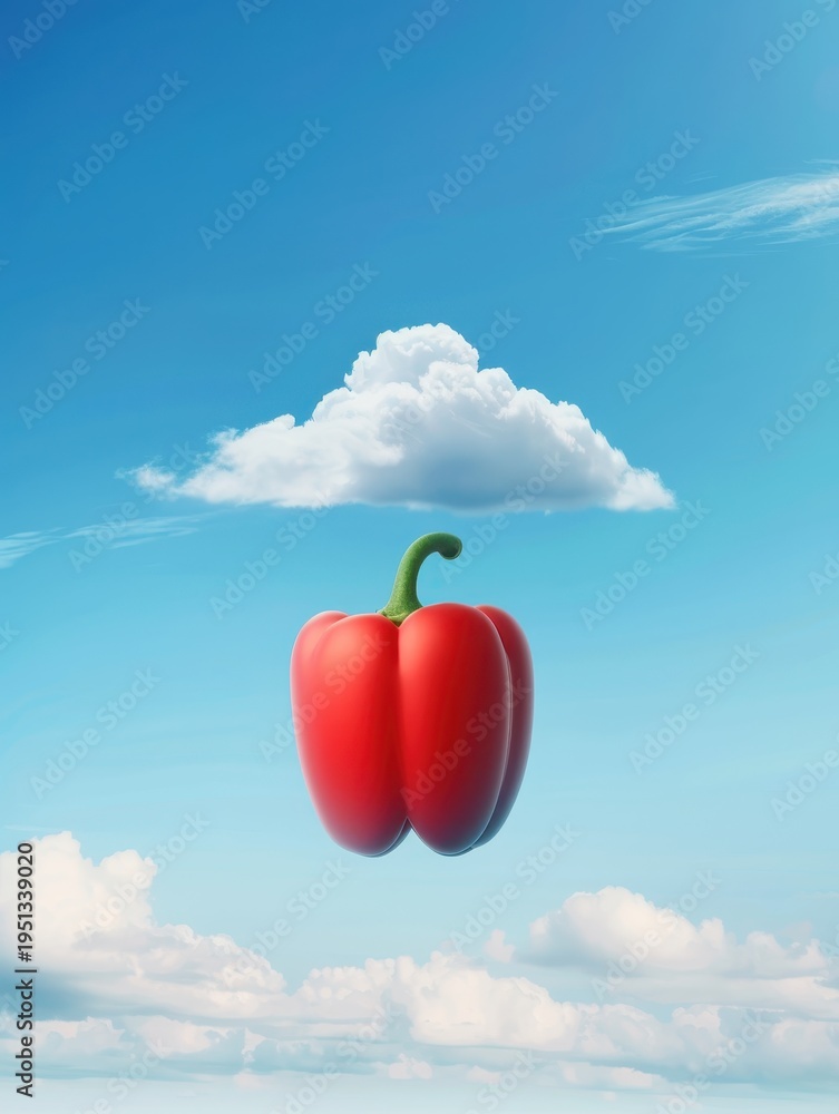 Obraz premium Red bell pepper floating in bright blue sky with clouds. AI-generated.