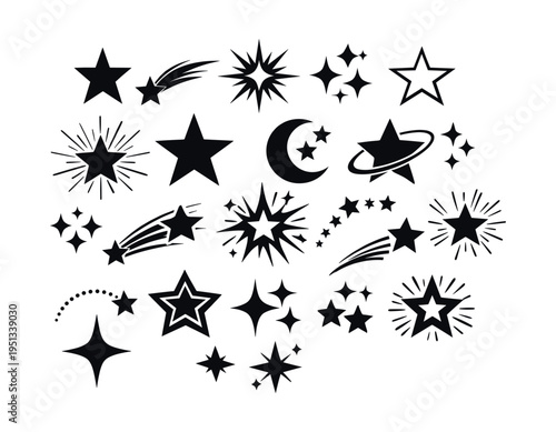 Set of star symbols and icons in various designs, including glowing, shooting, comet, and sparkling elements