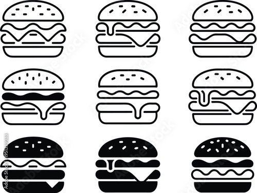 Set of nine hand drawn black and white burger icons vector illustration isolated on white background for fast food menu design