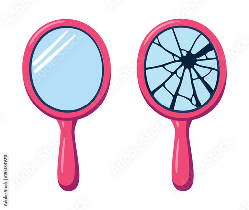 Pink hand mirrors, one clean and one broken, symbolizing concepts of bad luck, shattered beauty, and insecurity