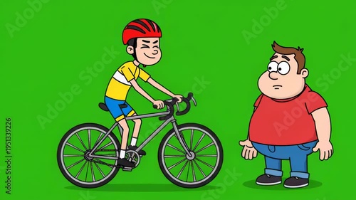 Animated cyclist on bike passing overweight character on green screen background for cartoon style project