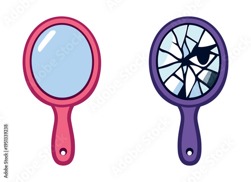 Pink hand mirror with a pristine surface next to a purple one with a shattered reflection revealing an observant eye