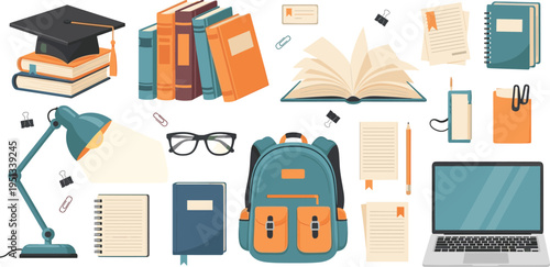 Education Study Elements Set Featuring Books Backpack Laptop Glasses Desk Lamp Notebook Graduation Cap Open Book and School Learning Supplies Vector Illustration