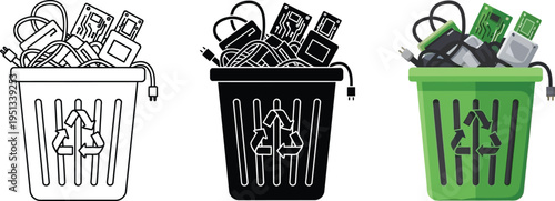 E-waste recycling bins a vector illustration set in outline solid black and green symbolizing responsible disposal and environmental sustainability