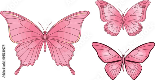 Elegant Pink Butterfly Icon Set – Vector Illustration of Three Detailed Butterflies for Nature, Spring, and Feminine Design Themes