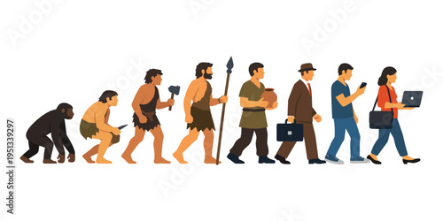 Human evolution showing the change from ape to modern digital person using smartphone and laptop, representing progress and history