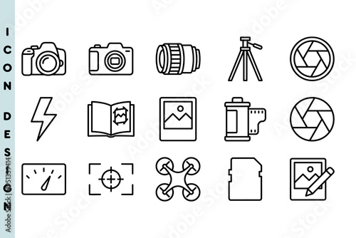 Icon set of outline photography and camera equipment symbols. Linear graphics for DSLR cameras, lenses, film rolls, and drones. Professional studio gear collection vector design.
