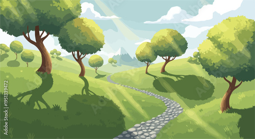 Vibrant cartoon landscape illustration with a winding stone path through green hills and trees under a sunny sky, ideal for children's books or game backgrounds