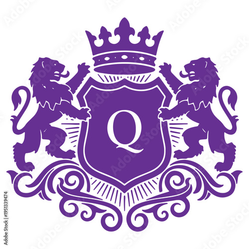 Purple crest with crown shield and lions design element for heraldry and nobility isolated on white background