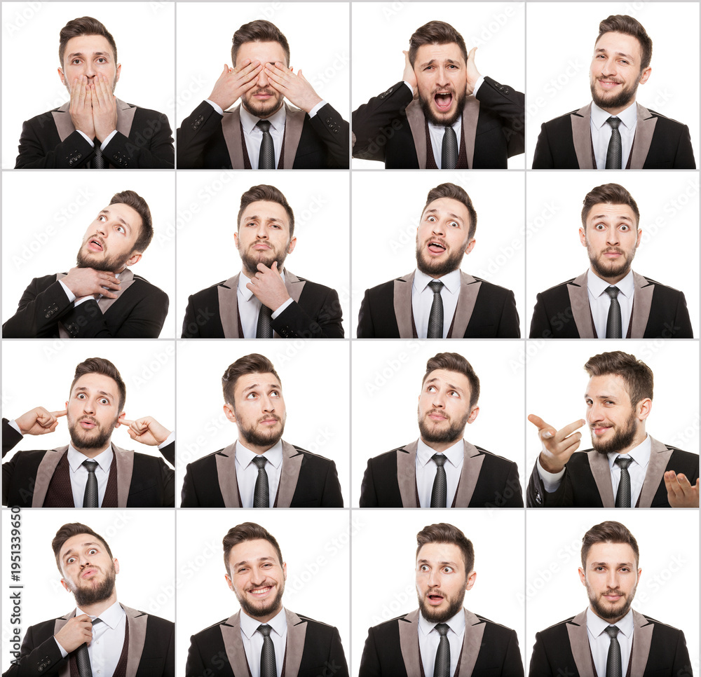 Fototapeta premium Collage of a young businessman showing different facial expressions and emotions, set of various portraits of professional man in suit isolated on white background.