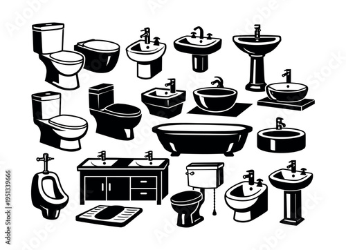 Bathroom fixtures and symbols creating a collection of essential elements for plumbing and hygienic spaces in home and public use