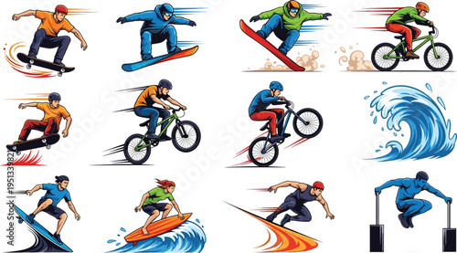 Extreme Sports Action Vector Illustration Set Featuring Skateboarding Snowboarding Surfing BMX Cycling and Dynamic Athlete Motion Collection