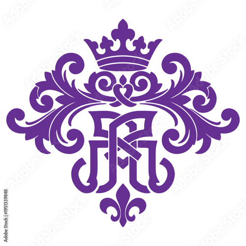Purple elegant decorative monogram with crown and floral elements isolated on transparent background for luxury branding and design