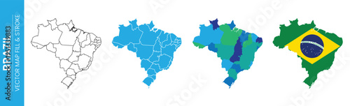 Brazil map outline filled with country flag and colored regions