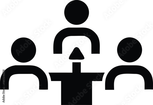 Three people standing around a podium presentation meeting