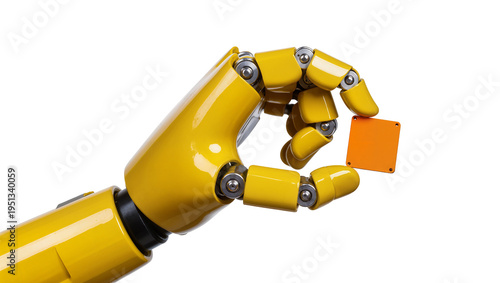 Bild auf Leinwand Isolated bright yellow robot arm hand holding orange square microchip device technology
