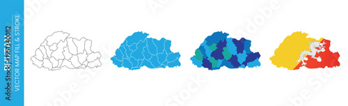 Four views of the country map of Bhutan including outline filled and flag
