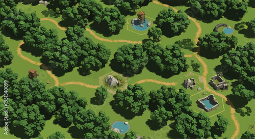 Isometric fantasy forest map with winding paths, green trees, ancient ruins, small ponds, and medieval structures, perfect for game design