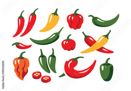 Chili peppers creating a vibrant seamless pattern. Red, green, yellow capsicum vegetables portraying different hotness levels