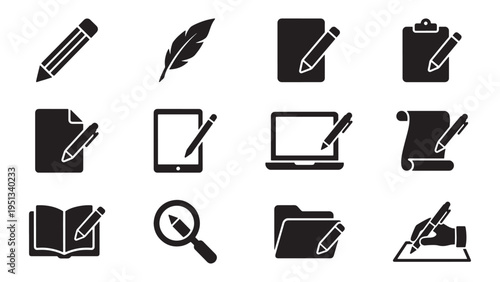 Writing and document editing glyph icon set for content creation, digital productivity, and file management app or website UI design