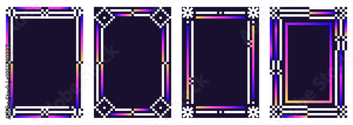 Set of vector pixel art neon frames with gradients on dark background. Digital borders, retro futuristic aesthetic for social media, streaming, UI design