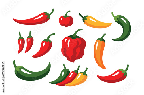 Chili pepper collection showcasing different types and heat levels, representing flavorful vegetables used in cooking and dishes