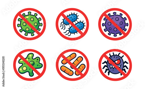 Stop symbols warning against different types of bacteria, viruses, and germs, promoting hygiene, sanitization, and infection control