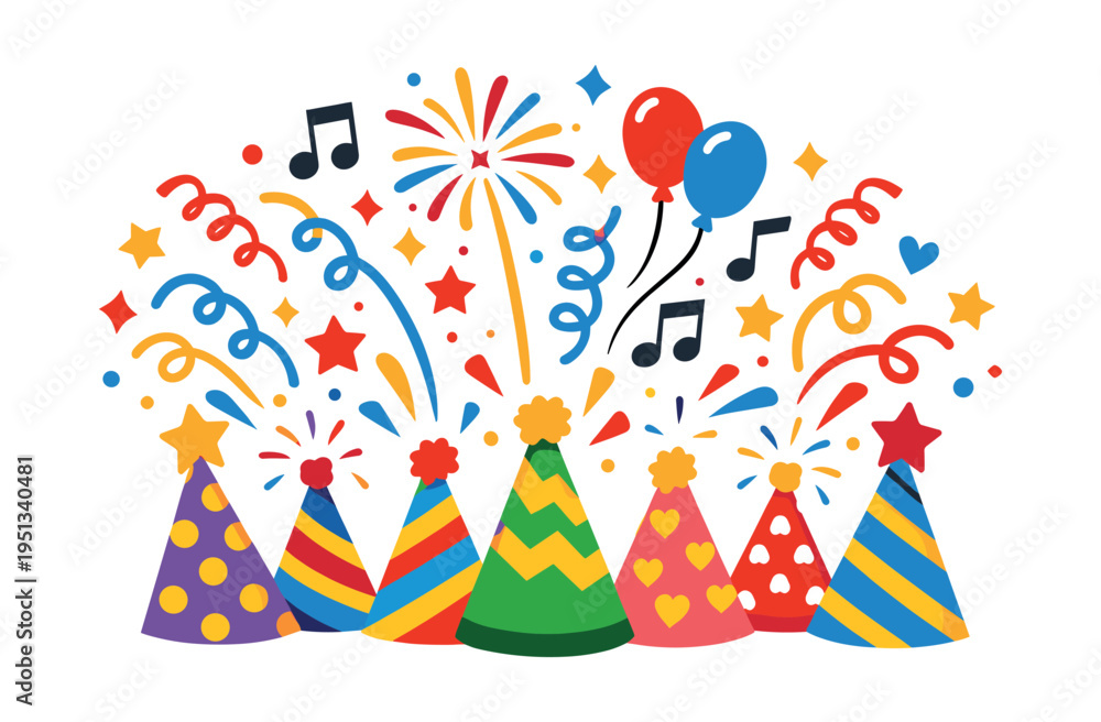 Obraz premium Colorful party hats creating a joyful celebration with exploding fireworks, falling confetti, floating balloons, and scattered music notes