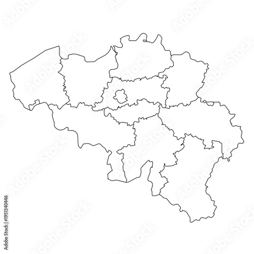 Outline map of Belgium showing its various administrative regions and provincial borders. This is a clean and simple graphic representation useful for educational or informational purposes.