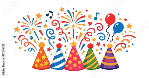 Party hats surrounded by colorful elements like fireworks, balloons, confetti, and musical notes, creating a lively celebration design