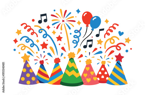 Colorful party hats creating a joyful celebration with exploding fireworks, falling confetti, floating balloons, and scattered music notes