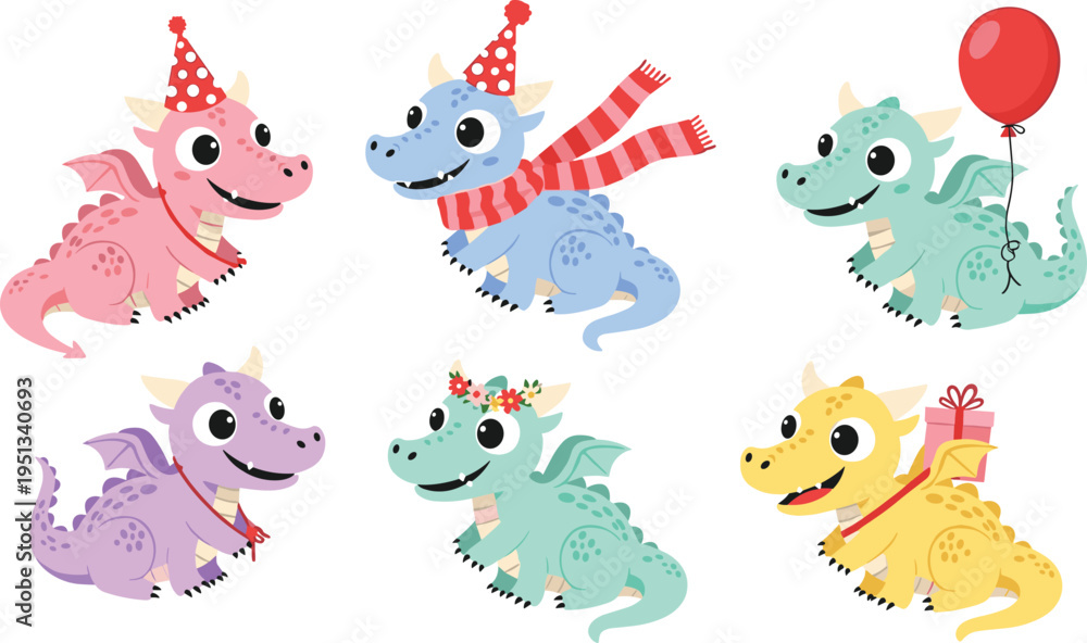 Fototapeta premium Festive Cartoon Baby Dragons with Party Hats, Scarves, Balloons, Gifts, and Holiday Accessories for Fun and Playful Kids’ Illustrations