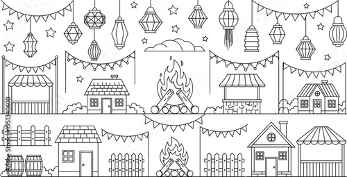 Festa Junina Festival Decoration Icon Set with Lanterns, Bonfire, Banners, Rural Houses and Traditional Brazilian Celebration Illustration Collection
