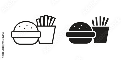 Burger Fries icon set. outlined and solid flat clipart versions.