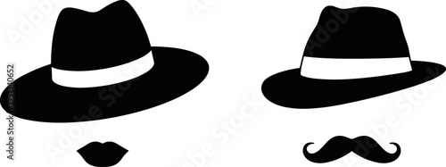 Black Silhouettes of Fedora Hats and Facial Features white background