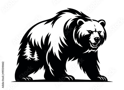 Grizzly bear illustration depicting wildlife, power, and nature, with pine trees subtly forming part of its body