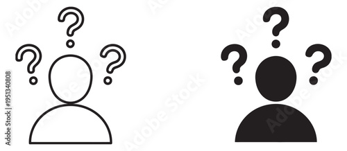 Person with question mark icons, outlined and solid versions, thinking confusion symbols, doubt, inquiry, problem solving, vector illustration set
