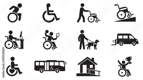 Wheelchair and disability mobility icon set for accessible transportation, independence, and inclusive community services UI design