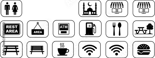 Collection of Black and White Pictograms for Public Amenities icon symbol