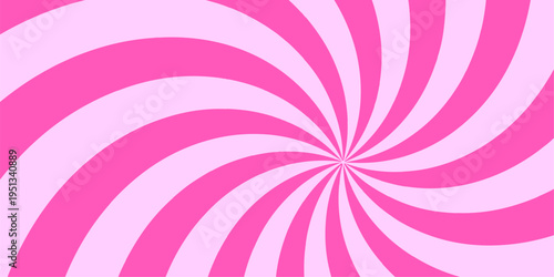Psychedelic swirl backdrop with pink and white spiral creating vintage Y2K aesthetic. Pink whirlpool bg. Retro radial vortex design featuring pastel colors and whimsical circus-inspired illustration.