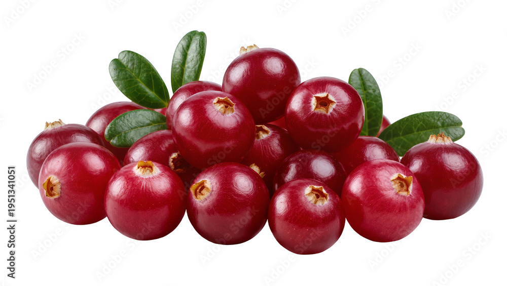 Obraz premium Isolated heap of fresh ripe red cranberries with green leaves, a delicious healthy organic fruit