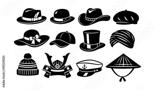 Headwear collection with various hat styles including fedora, bowler, cowboy, top hat, beanie, beret, turban, captain, and samurai helmet