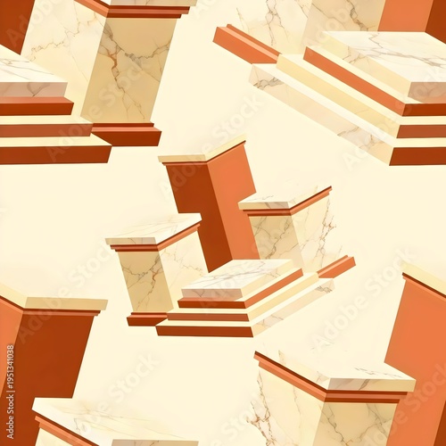 Rhythmic stack of marble pedestals and steps in a dynamic scattered architectural
