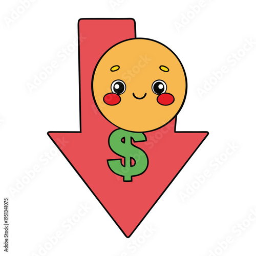 A bold dollar symbol with a sharp arrow pointing downward, representing declining value, financial loss, or falling market trends, designed for clear, instant recognition.
